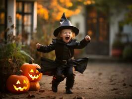 Kind im ein Halloween Kostüm mit ein spielerisch Pose ai generativ foto