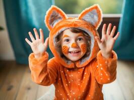 Kind im ein Halloween Kostüm mit ein spielerisch Pose ai generativ foto