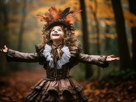 Kind im ein Halloween Kostüm mit ein spielerisch Pose ai generativ foto