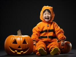 Kind im ein Halloween Kostüm mit ein spielerisch Pose ai generativ foto