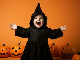 Kind im ein Halloween Kostüm mit ein spielerisch Pose ai generativ foto