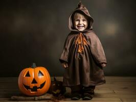 Kind im ein Halloween Kostüm mit ein spielerisch Pose ai generativ foto