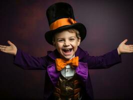 Kind im ein Halloween Kostüm mit ein spielerisch Pose ai generativ foto