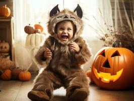 Kind im ein Halloween Kostüm mit ein spielerisch Pose ai generativ foto