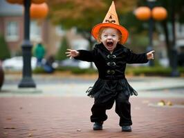 Kind im ein Halloween Kostüm mit ein spielerisch Pose ai generativ foto