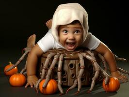 Kind im ein Halloween Kostüm mit ein spielerisch Pose ai generativ foto