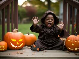 Kind im ein Halloween Kostüm mit ein spielerisch Pose ai generativ foto