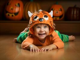 Kind im ein Halloween Kostüm mit ein spielerisch Pose ai generativ foto