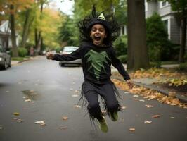 Kind im ein Halloween Kostüm mit ein spielerisch Pose ai generativ foto