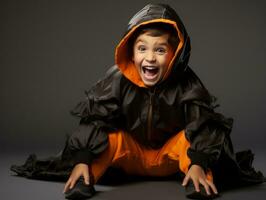 Kind im ein Halloween Kostüm mit ein spielerisch Pose ai generativ foto