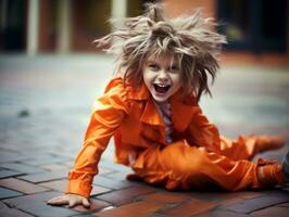 Kind im ein Halloween Kostüm mit ein spielerisch Pose ai generativ foto