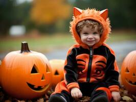 Kind im ein Halloween Kostüm mit ein spielerisch Pose ai generativ foto