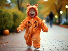 Kind im ein Halloween Kostüm mit ein spielerisch Pose ai generativ foto