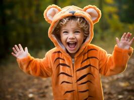 Kind im ein Halloween Kostüm mit ein spielerisch Pose ai generativ foto