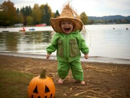 Kind im ein Halloween Kostüm mit ein spielerisch Pose ai generativ foto