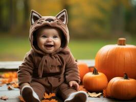 Kind im ein Halloween Kostüm mit ein spielerisch Pose ai generativ foto