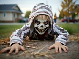 Kind im ein Halloween Kostüm mit ein spielerisch Pose ai generativ foto