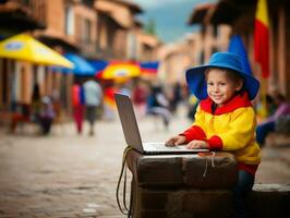 kolumbianisch Kind Arbeiten auf ein Laptop im ein beschwingt städtisch Rahmen ai generativ foto