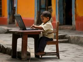 kolumbianisch Kind Arbeiten auf ein Laptop im ein beschwingt städtisch Rahmen ai generativ foto