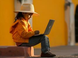 kolumbianisch Kind Arbeiten auf ein Laptop im ein beschwingt städtisch Rahmen ai generativ foto