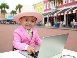 kolumbianisch Kind Arbeiten auf ein Laptop im ein beschwingt städtisch Rahmen ai generativ foto