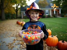 Kind im Halloween Kostüm halten ein Schüssel von Süßigkeiten mit boshaft Grinsen ai generativ foto