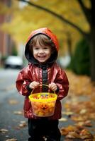 Kind im Halloween Kostüm halten ein Schüssel von Süßigkeiten mit boshaft Grinsen ai generativ foto