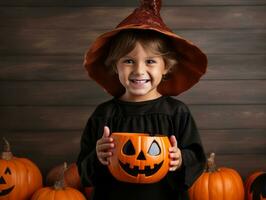 Kind im Halloween Kostüm halten ein Schüssel von Süßigkeiten mit boshaft Grinsen ai generativ foto