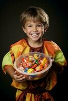 Kind im Halloween Kostüm halten ein Schüssel von Süßigkeiten mit boshaft Grinsen ai generativ foto