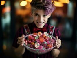 Kind im Halloween Kostüm halten ein Schüssel von Süßigkeiten mit boshaft Grinsen ai generativ foto