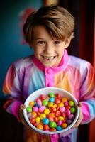 Kind im Halloween Kostüm halten ein Schüssel von Süßigkeiten mit boshaft Grinsen ai generativ foto