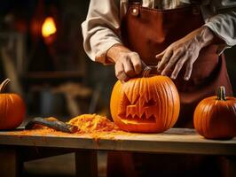 Mann Carving ein unheimlich Jack Ö Laterne ai generativ foto