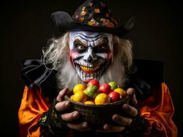 Mann im Halloween Kostüm halten ein Schüssel von Süßigkeiten mit boshaft Grinsen ai generativ foto