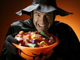 Mann im Halloween Kostüm halten ein Schüssel von Süßigkeiten mit boshaft Grinsen ai generativ foto