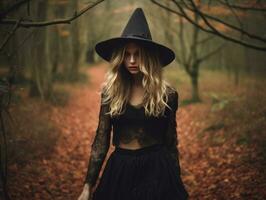 Frau gekleidet wie ein Hexe zum Halloween ai generativ foto