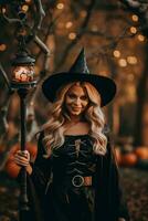 Frau gekleidet wie ein Hexe zum Halloween ai generativ foto