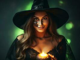 Frau gekleidet wie ein Hexe zum Halloween ai generativ foto