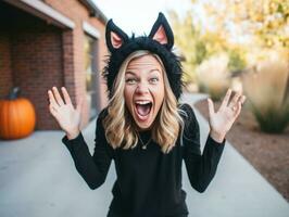 Frau im ein Halloween Kostüm mit ein spielerisch Pose ai generativ foto