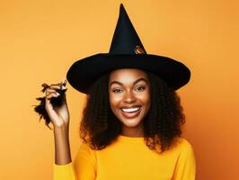 Frau im ein Halloween Kostüm mit ein spielerisch Pose ai generativ foto
