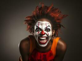 Frau im ein Halloween Kostüm mit ein spielerisch Pose ai generativ foto