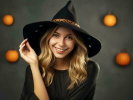 Frau im ein Halloween Kostüm mit ein spielerisch Pose ai generativ foto