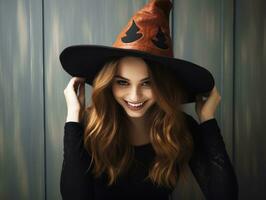 Frau im ein Halloween Kostüm mit ein spielerisch Pose ai generativ foto