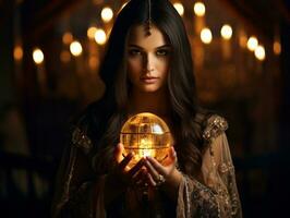 Frau erzählen von ein Kristall Ball gekleidet wie ein mysteriös Vermögen Erzähler ai generativ foto