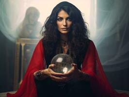 Frau erzählen von ein Kristall Ball gekleidet wie ein mysteriös Vermögen Erzähler ai generativ foto
