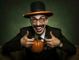 Mann im ein Halloween Kostüm mit ein spielerisch Pose ai generativ foto