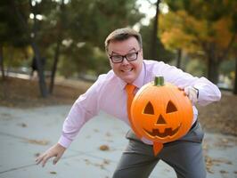 Mann im ein Halloween Kostüm mit ein spielerisch Pose ai generativ foto