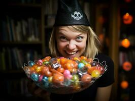 Frau im ein Halloween Kostüm halten ein Schüssel von Süßigkeiten mit boshaft Grinsen ai generativ foto