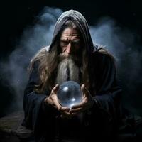 Mann erzählen von ein Kristall Ball gekleidet wie ein mysteriös Vermögen Erzähler ai generativ foto