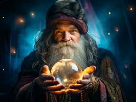 Mann erzählen von ein Kristall Ball gekleidet wie ein mysteriös Vermögen Erzähler ai generativ foto