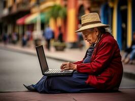 alt kolumbianisch Frau Arbeiten auf ein Laptop im ein beschwingt städtisch Rahmen ai generativ foto